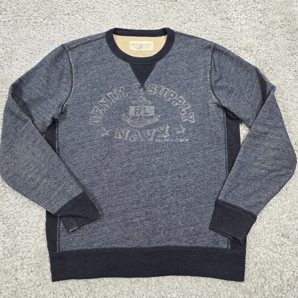 Denim & Supply Mens Crewneck Sweater‎ Size L Blue Graphic Military Casual